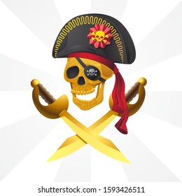Pirate skull in red bandana and cocked hat with sabers criss-cross on isolated background. Vector image eps 10
