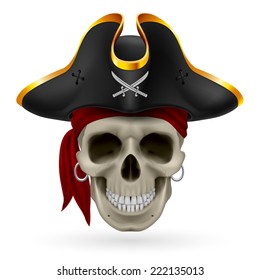 Pirate skull in red bandana and cocked hat