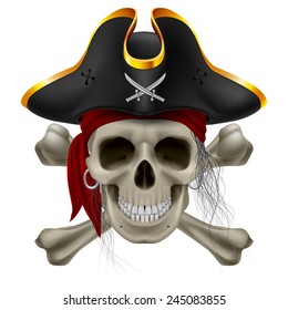 Pirate skull in red bandana and cocked hat with crossed bones and hair tuft