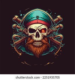 Calavera pirata con ojos rojos con barba y bigote, esporta diseños de mascota, plantilla de logotipo de juegos, ilustración