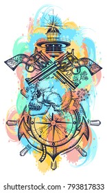 Pirate skull, revolver, anchor and lighthouse color t-shirt design 