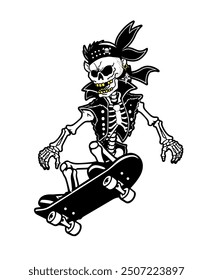 Pirate Skull riding a skate. The skeleton is laughing. SK8 skull skateboarding vector