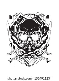 pirate skull robot black white with sacred geometry