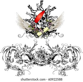 pirate skull with a scroll with a map, roses and decoration ornament isolated on a white background