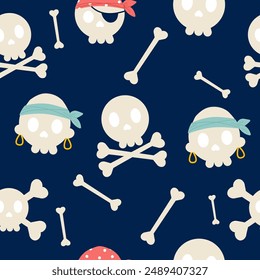 Pirate skull seamless pattern in flat design