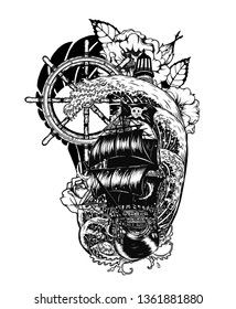 Pirate skull with ship vector tattoo by hand drawing.Beautiful ship on wave background.Black and white graphics design art highly detailed in line art style.