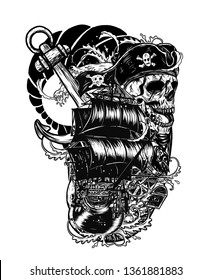 Pirate skull with ship vector tattoo by hand drawing.Beautiful ship on wave background.Black and white graphics design art highly detailed in line art style.