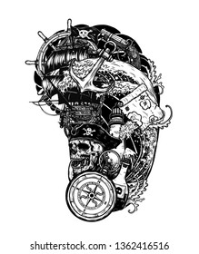 Pirate skull with ship vector tattoo by hand drawing.Beautiful ship on wave background.Black and white graphics design art highly detailed in line art style.