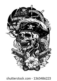 Pirate skull with ship vector tattoo by hand drawing.Beautiful ship on wave background.Black and white graphics design art highly detailed in line art style.