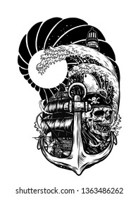 Pirate skull with ship vector tattoo by hand drawing.Beautiful ship on wave background.Black and white graphics design art highly detailed in line art style.