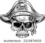Pirate skull skeleton grim reaper mascot in pirates captain hat and eyepatch. Original illustration in a vintage retro woodcut etching style.