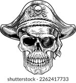 Pirate skull skeleton grim reaper mascot in pirates captain hat and eyepatch. Original illustration in a vintage retro woodcut etching style.