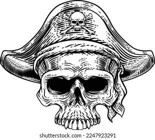 Pirate skull skeleton grim reaper mascot in pirates captain hat. Original illustration in a vintage retro woodcut etching style.