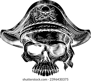 Pirate skull skeleton grim reaper mascot in pirates captain hat and eyepatch. Original illustration in a vintage retro woodcut etching style.