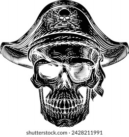 Pirate skull skeleton grim reaper mascot in pirates captain hat and eyepatch. Original illustration in a vintage retro woodcut etching style.