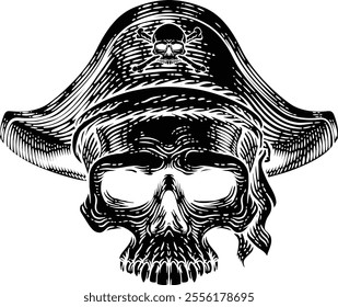 Pirate skull skeleton grim reaper mascot in pirates captain hat. Original illustration in a vintage retro woodcut etching style.