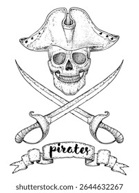 Esboço de crânio pirata. Ilustração de vetor desenhada à mão. Crânio pirata usando um chapéu de trimilho. Design antigo.