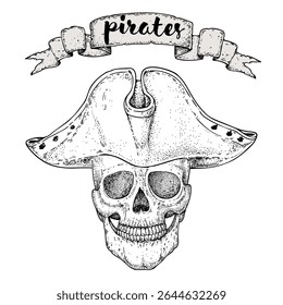 Esboço de crânio pirata. Ilustração de vetor desenhada à mão. Crânio pirata usando um chapéu de trimilho. Design antigo.