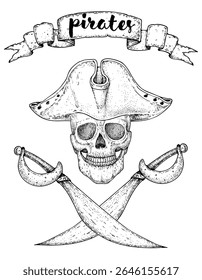 Pirate skull sketch. Hand drawn vector illustration. Pirate skull wearing a tricorn hat. Vintage design.