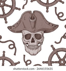 Pirate skull sketch. Hand drawn vector illustration. Pirate skull wearing a tricorn hat. Vintage design.