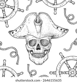 Pirate skull sketch. Hand drawn vector illustration. Pirate skull wearing a tricorn hat. Vintage design.