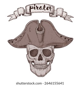 Pirate skull sketch. Hand drawn vector illustration. Pirate skull wearing a tricorn hat. Vintage design.