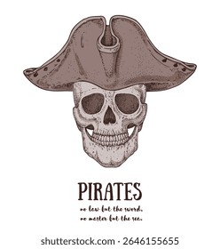 Pirate skull sketch. Hand drawn vector illustration. Pirate skull wearing a tricorn hat. Vintage design.
