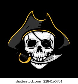 Calavera pirata con espada, elemento de diseño para logo, afiche, tarjeta, pancarta, emblema, camiseta. Ilustración del vector
