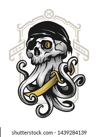 Pirate skull with tentacles of octopus.