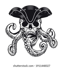 Pirate skull with tentacles tattoo template. Monochrome element with octopus in dead had in hat vector illustration. Sea life concept for symbols and emblems design