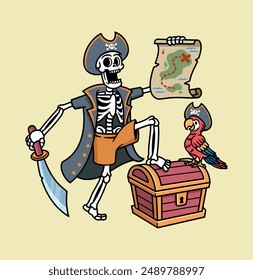 
Pirate skull and treasure chest illustration