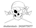 Pirate skull t-shirt design with an eye patch and two crossed swords. Monochrome illustration for tattoos.