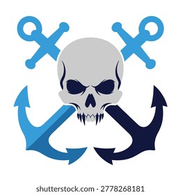 A pirate skull with two anchors and crossed swords on a white background, symbolizing danger, death, and piracy, perfect for designs related to pirates, danger, or rebellion.