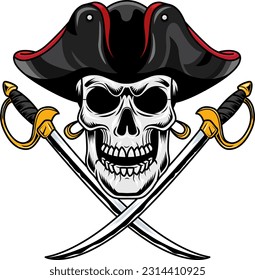 Pirate Skull With Two Sabres Graphic Logo Design. Vector Hand Drawn Illustration Isolated On Transparent Background