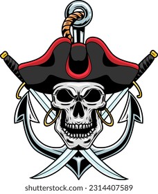 Calavera Pirata Con Dos Sabers Sobre El Diseño De Logotipo Gráfico Anchor. Ilustración dibujada a mano vectorial aislada en fondo transparente