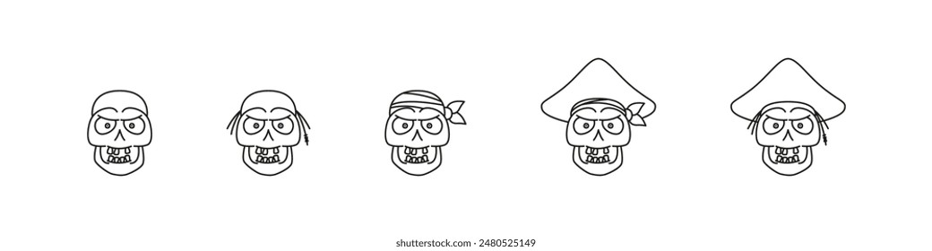 Pirate skull vector doodle icon set. Pirates dead head collection.