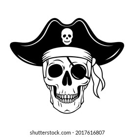 Pirate skull vector. Jolly roger skeleton. A dead head with a hat and an eye patch. Black and white silhouette.