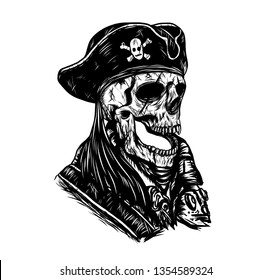 Pirate skull vector tattoo by hand drawing.Beautiful skull on white background.Black and white graphics design art highly detailed in line art style.