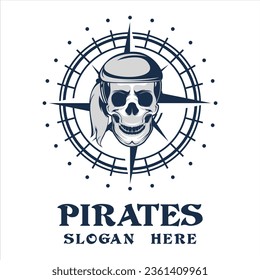 Pirate Skull Vintage Logo Emblem, With Compass, on white background
