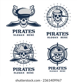 Pirate Skull Vintage Logo Emblem set, with swords, compass and ship wheel, on white background
