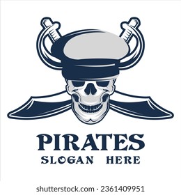 Pirate Skull Vintage Logo Emblem,with swords, on white background