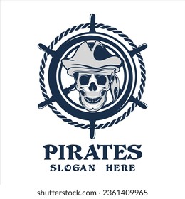 Pirate Skull Vintage Logo Emblem,with ship steering wheel, on white background