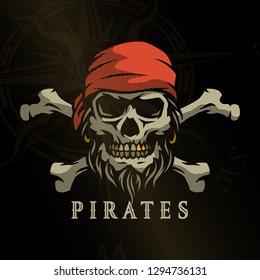 Pirate skull in vintage style. Skeleton head and crossed bones on a dark background.