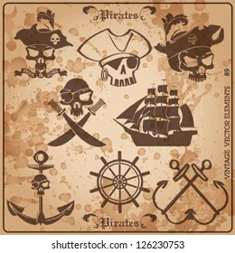 pirate skull vintage vector set.