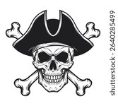 Pirate skull wearing a bicorne hat with crossed bones behind it.