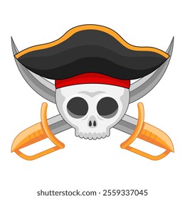 Pirate skull wearing black hat with crossed sabers in cartoon style isolated on white background.