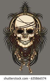 pirate skull with wings and feathers