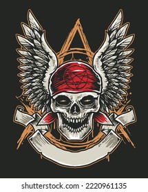 Pirate skull and wings vintage style illustration