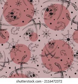 Pirate skulls, swords, anchors and steering wheels seamless pattern. Vector illustration.