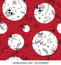 Pirate skulls, swords, anchors and steering wheels seamless pattern. Vector illustration.